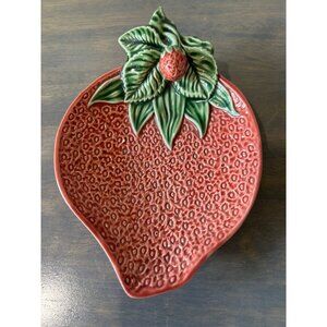 Bordallo Pinheiro Strawberry Bowl Plate With Majolica Strawberry and Leaf Design